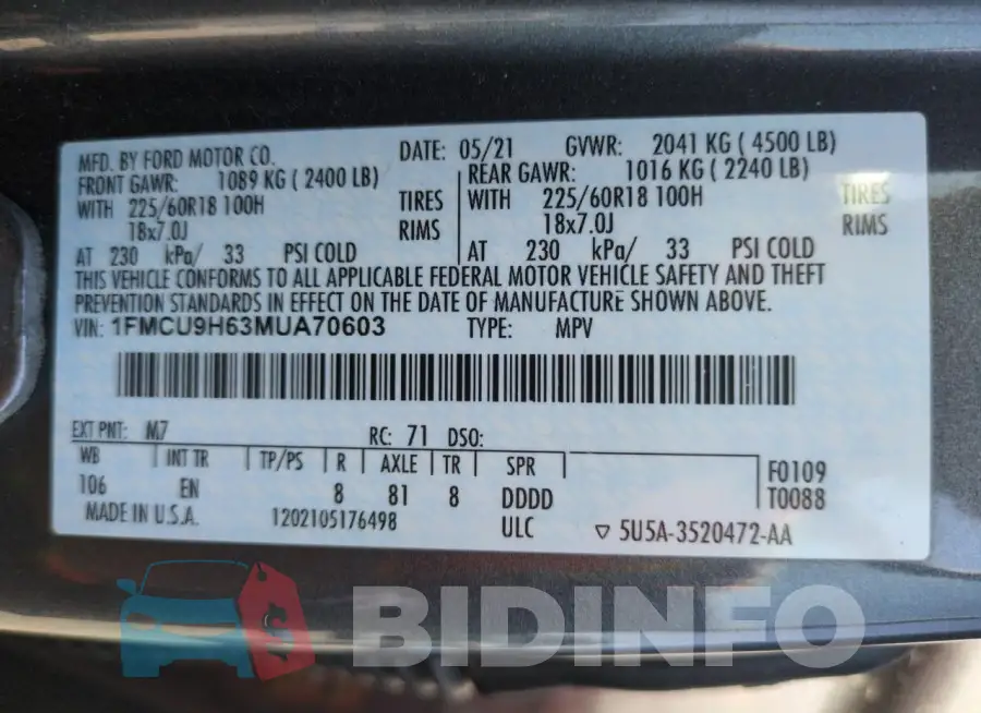 1FMCU9H63MUA70603 Photo# 12