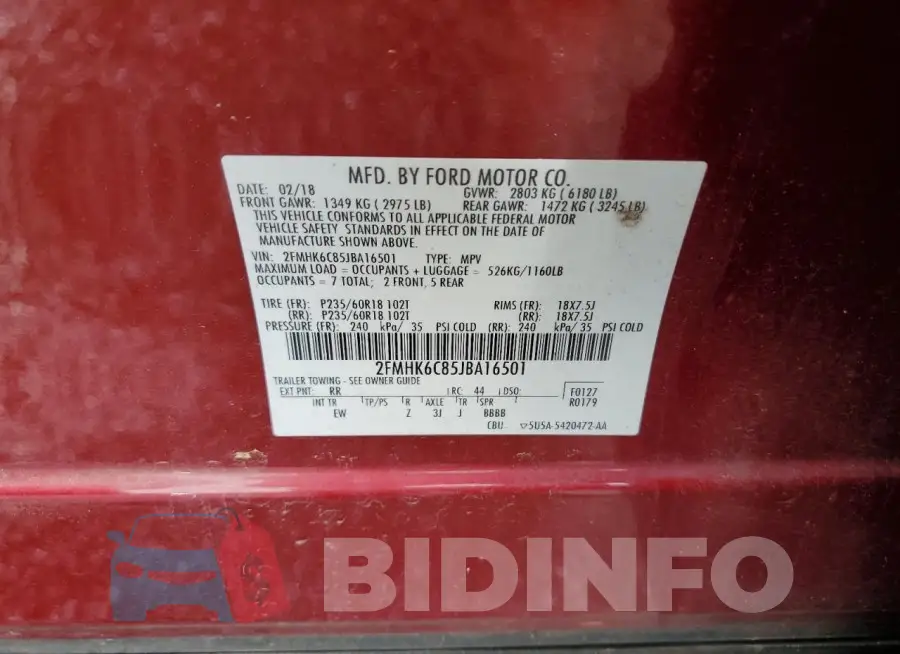 2FMHK6C85JBA16501 Photo# 13