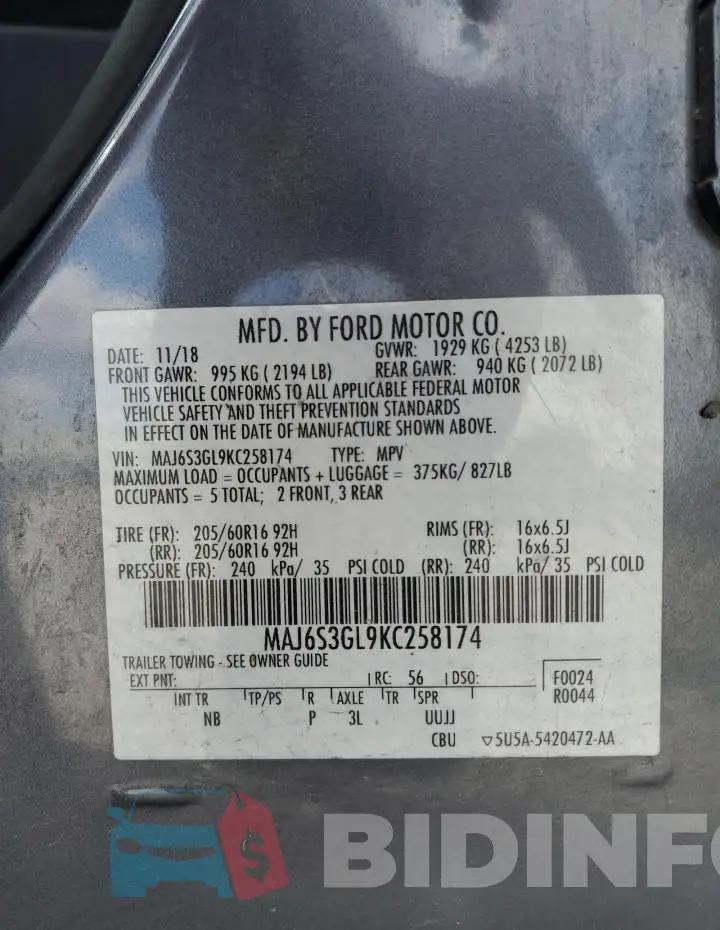 MAJ6S3GL9KC258174 Photo# 13