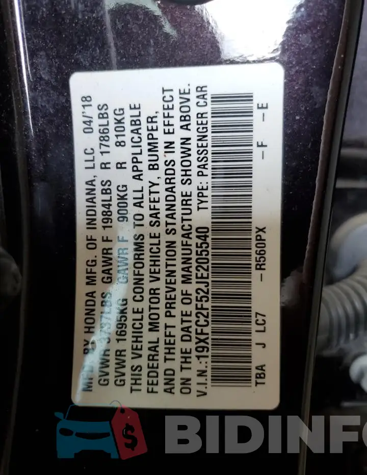 19XFC2F52JE205540 Photo# 13