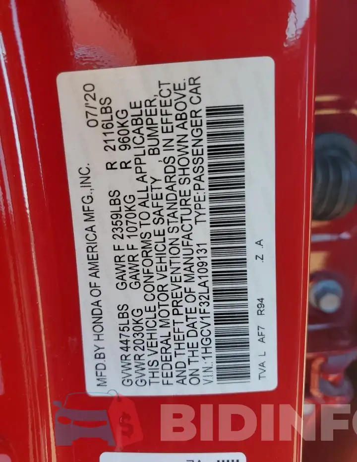 1HGCV1F32LA109131 Photo# 12
