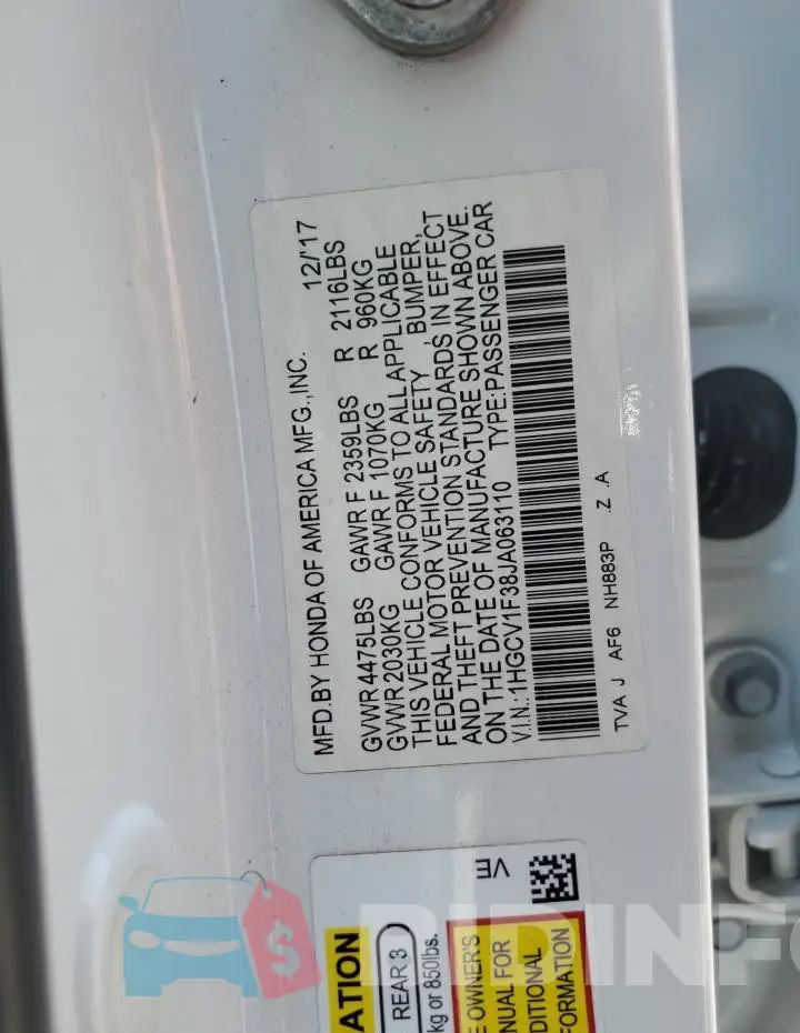 1HGCV1F38JA063110 Photo# 12