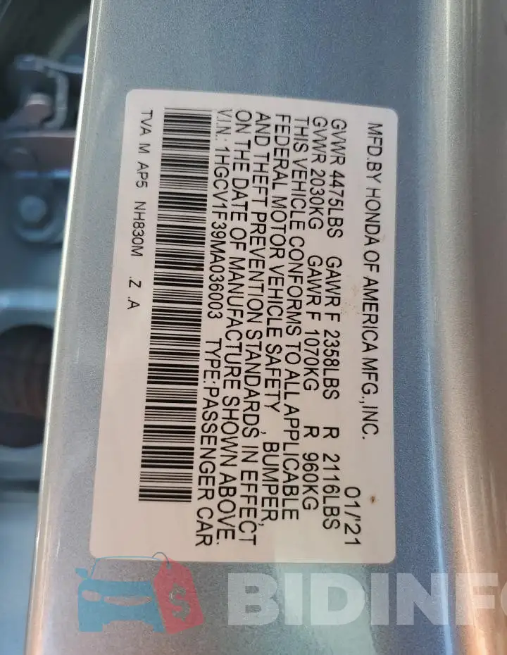 1HGCV1F39MA036003 Photo# 12
