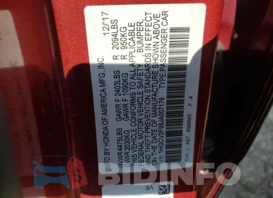 1HGCV2F98JA007176 Photo# 12
