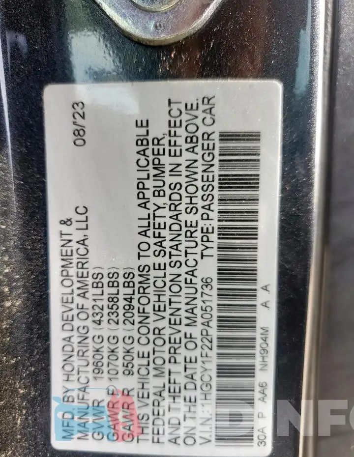 1HGCY1F22PA051736 Photo# 13
