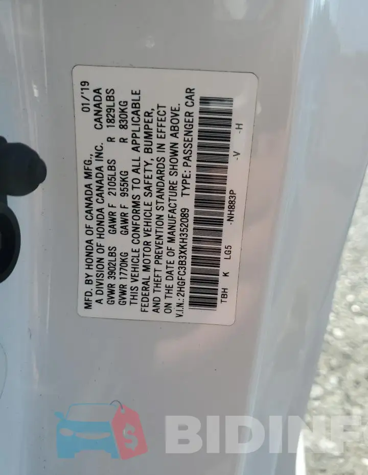 2HGFC3B3XKH352089 Photo# 12