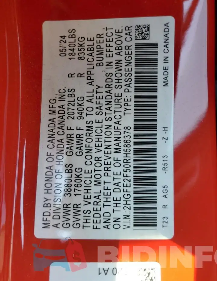 2HGFE2F50RH586378 Photo# 12