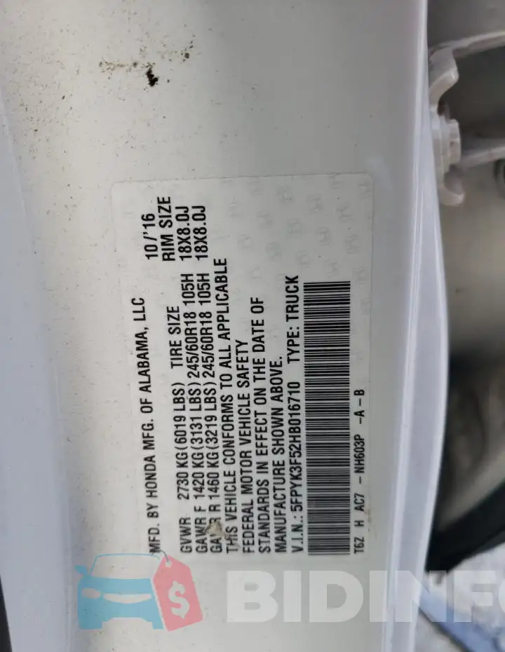 5FPYK3F52HB016710 Photo# 12