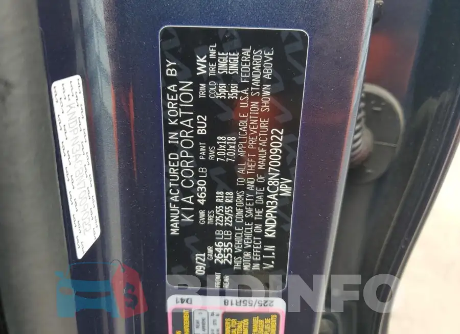 KNDPN3AC8N7009022 Photo# 13