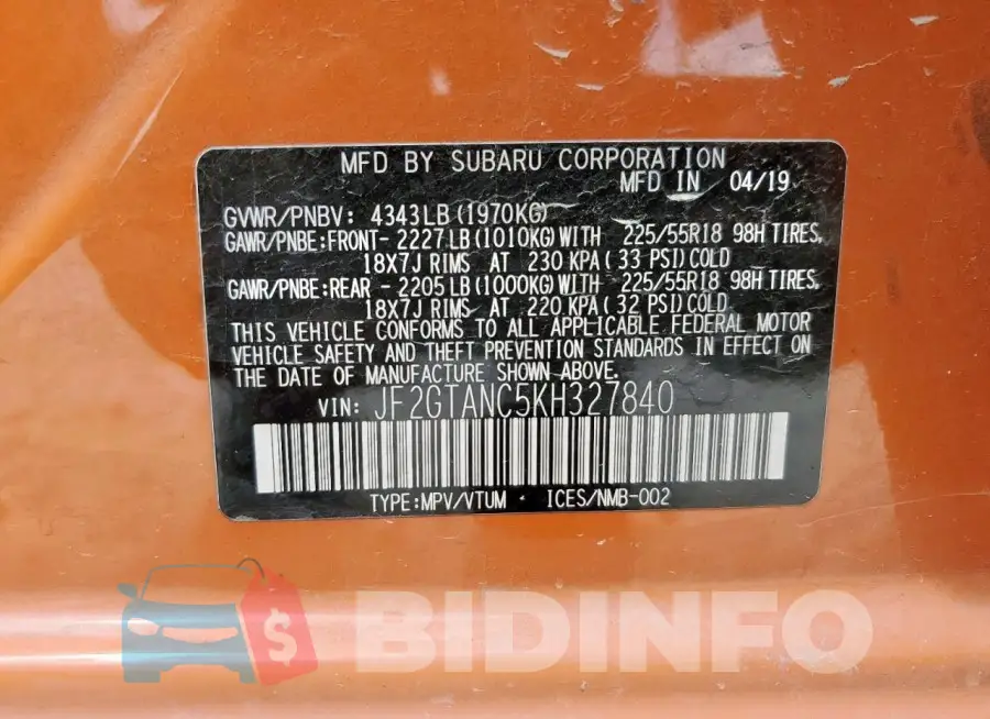 JF2GTANC5KH327840 Photo# 13