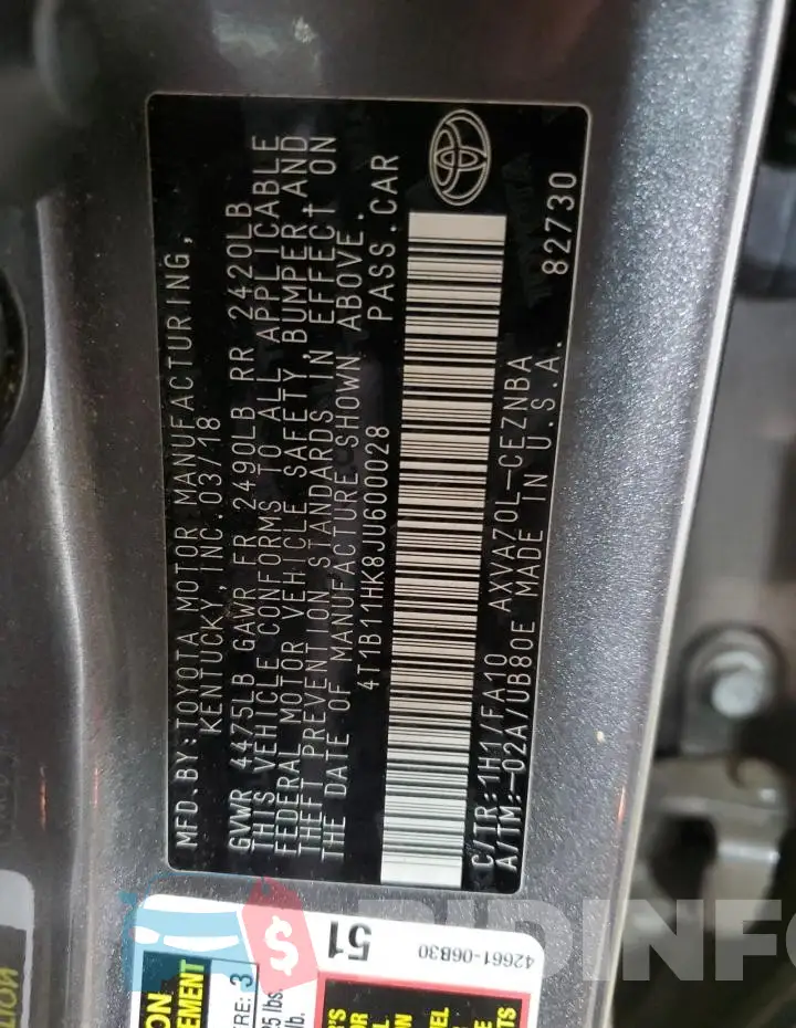 4T1B11HK8JU600028 Photo# 12