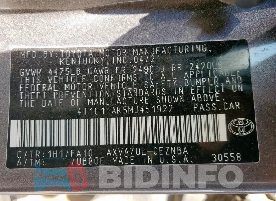 4T1C11AK5MU451922 Photo# 12