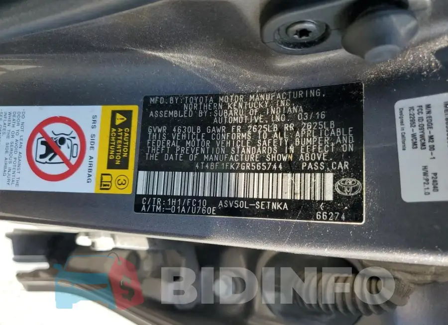 4T4BF1FK7GR565744 Photo# 13