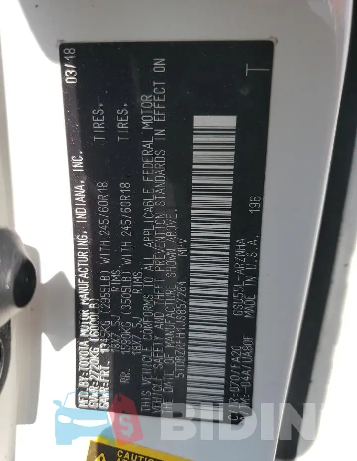 5TDBZRFH1JS857264 Photo# 13