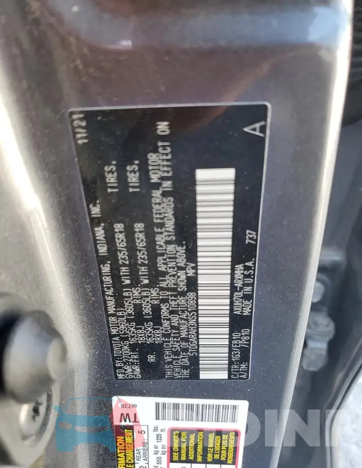 5TDGARAH3NS510898 Photo# 12