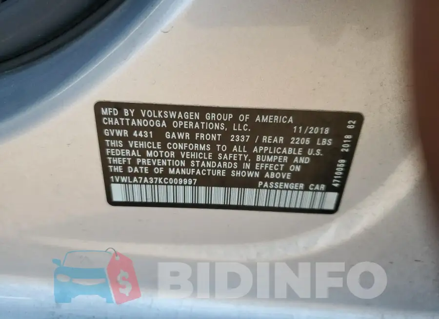 1VWLA7A37KC009997 Photo# 12