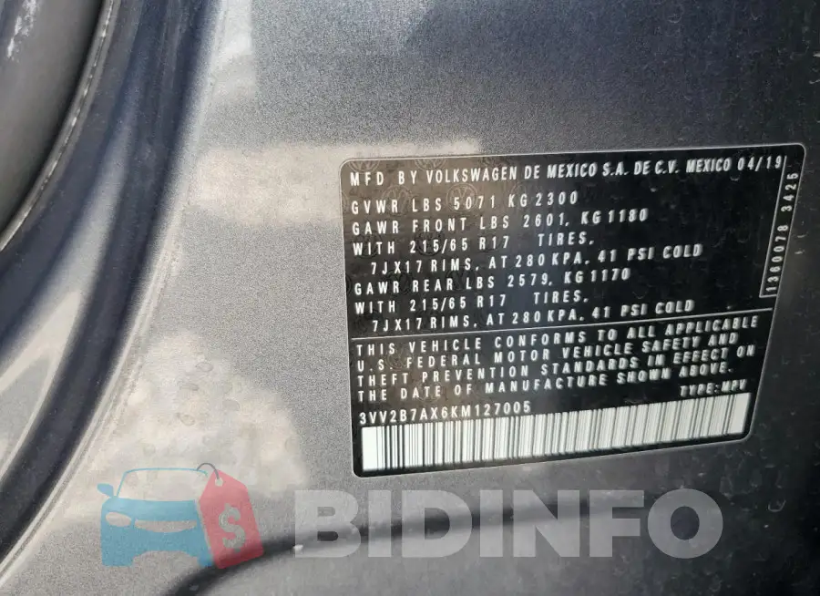 3VV2B7AX6KM127005 Photo# 13
