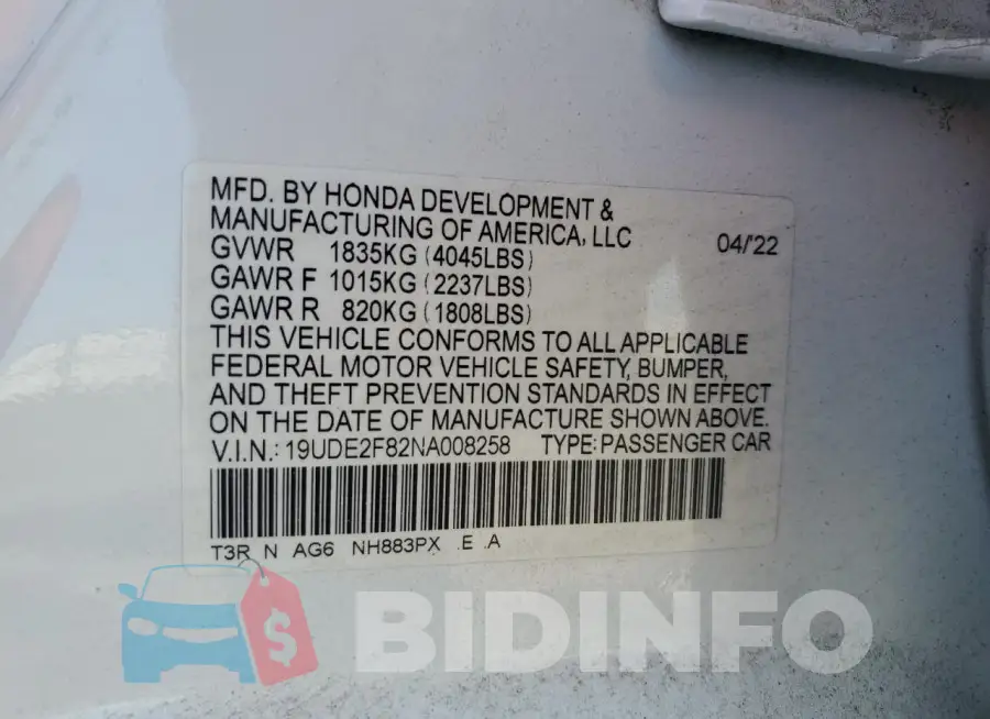 19UDE2F82NA008258 Photo# 13