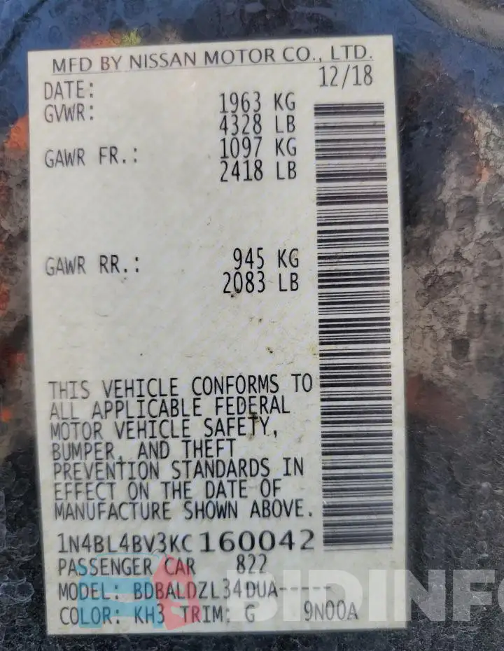 1N4BL4BV3KC160042 Photo# 13