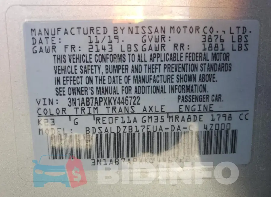 3N1AB7APXKY446722 Photo# 12