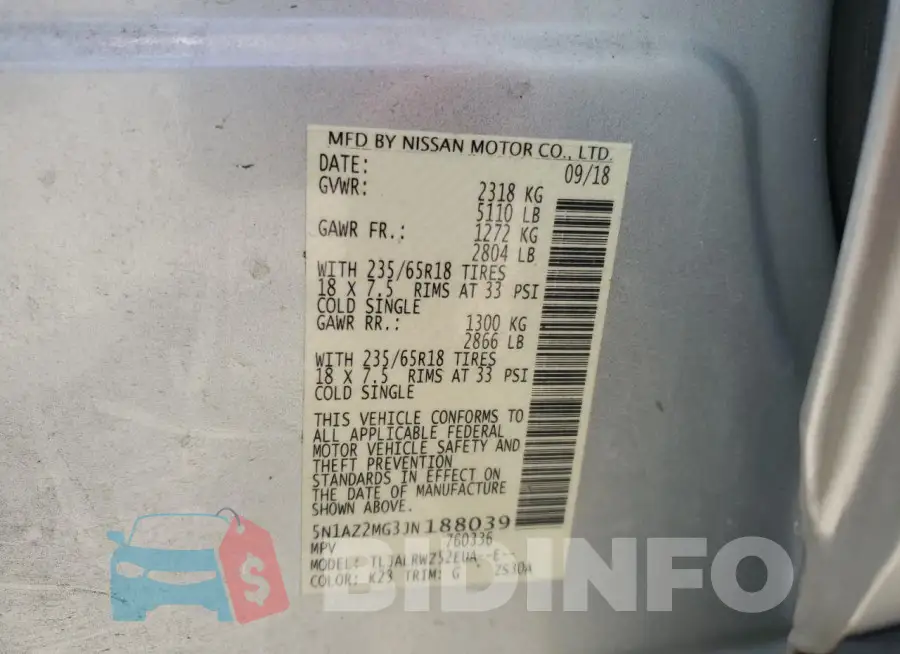 5N1AZ2MG3JN188039 Photo# 12