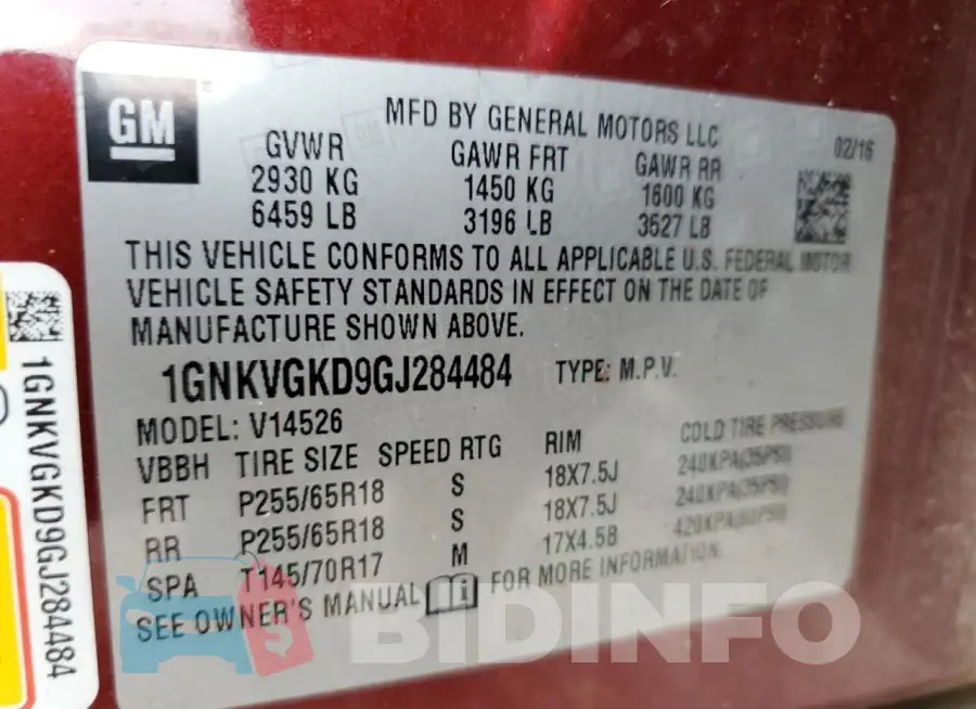 1GNKVGKD9GJ284484 Photo# 13