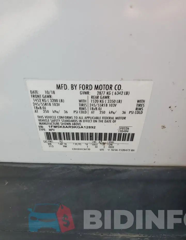 1FM5K8AR9KGA12892 Photo# 13