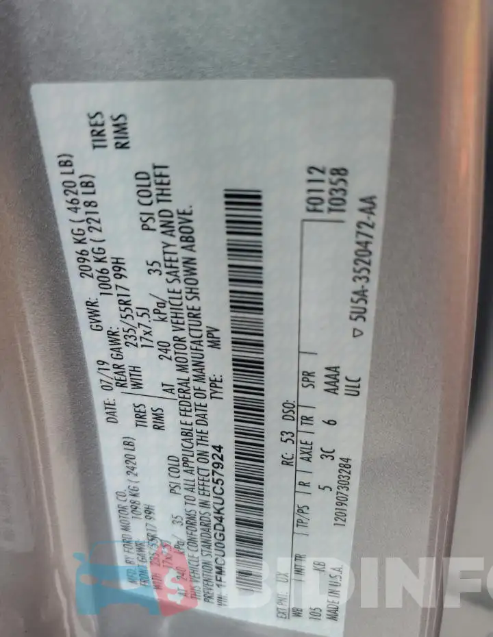 1FMCU0GD4KUC57924 Photo# 14