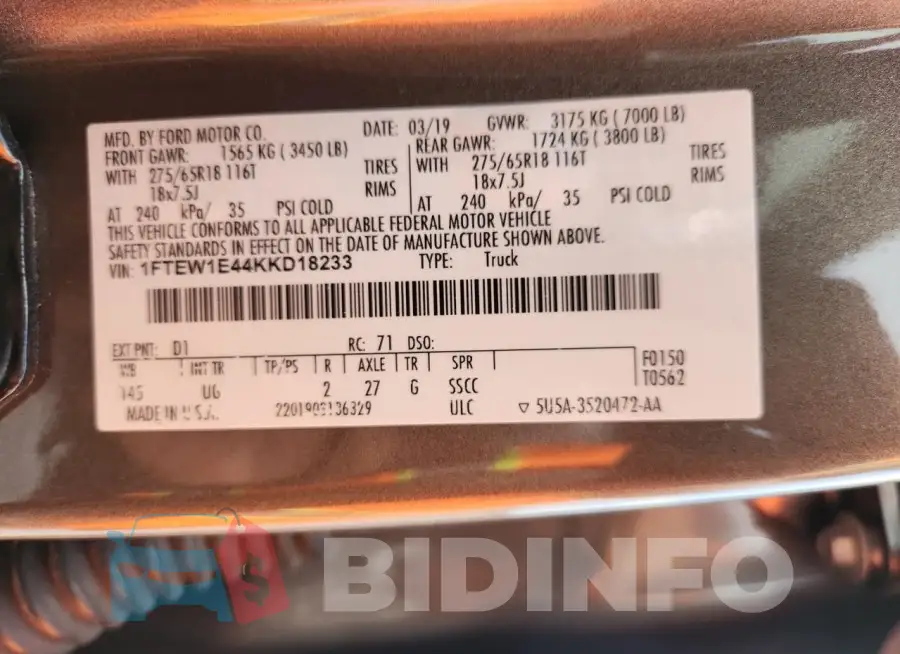 1FTEW1E44KKD18233 Photo# 12