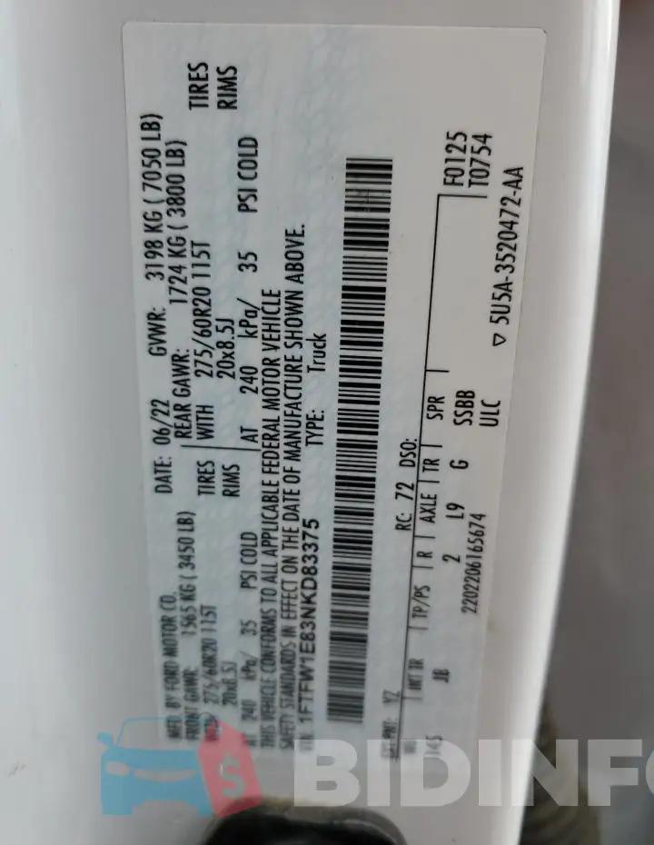 1FTFW1E83NKD83375 Photo# 12