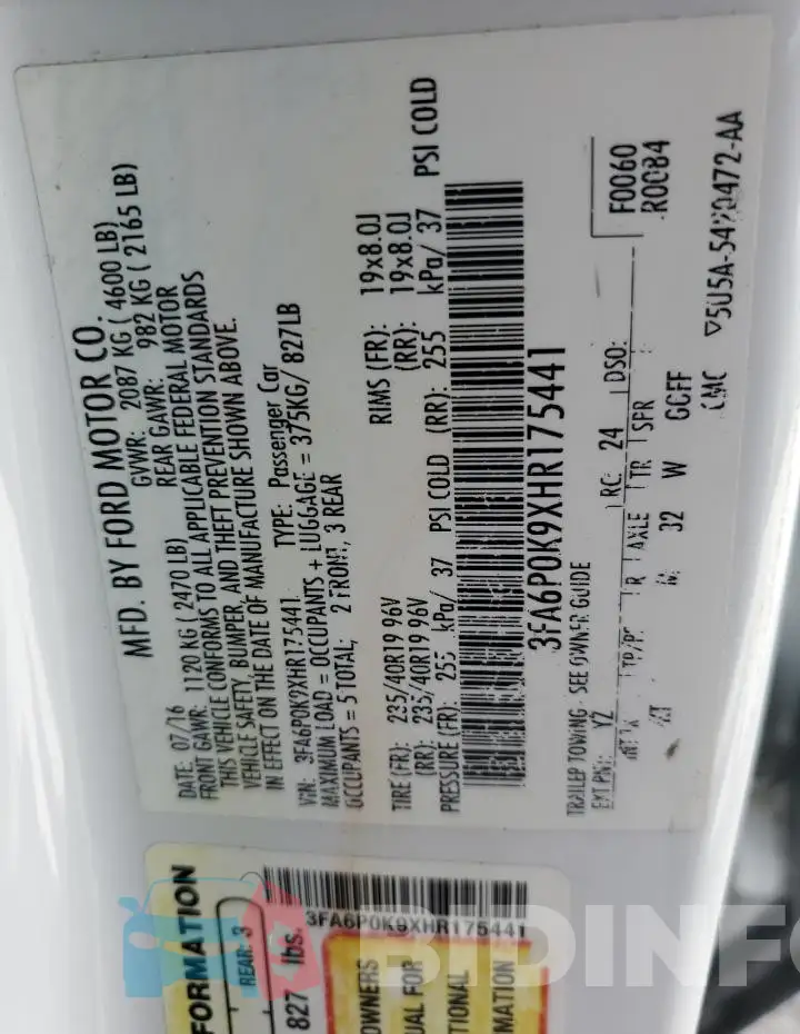 3FA6P0K9XHR175441 Photo# 12