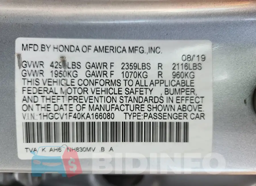 1HGCV1F40KA166080 Photo# 12