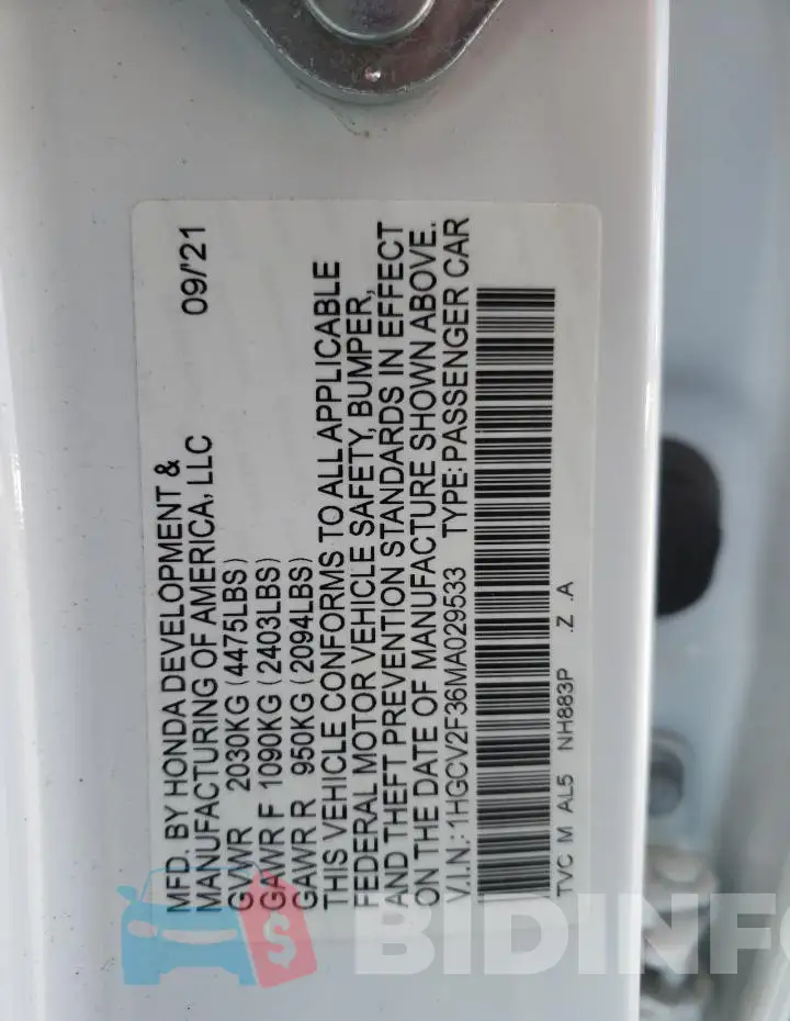1HGCV2F36MA029533 Photo# 12