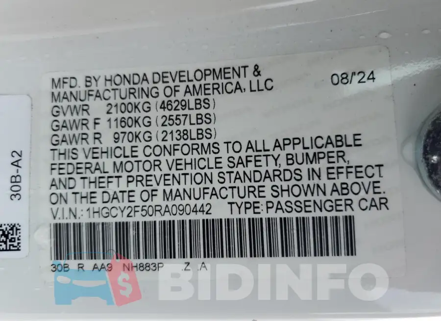 1HGCY2F50RA090442 Photo# 13