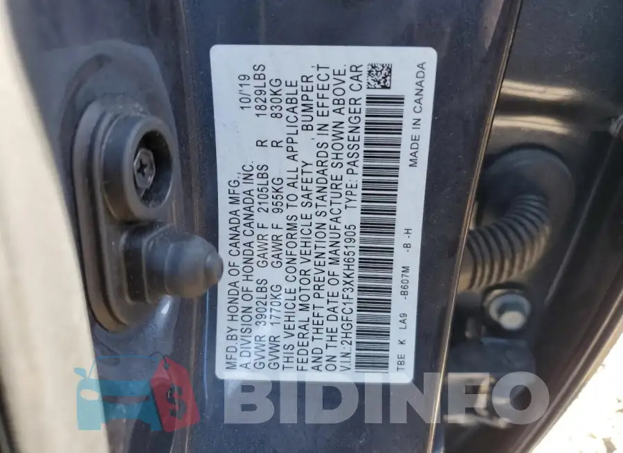 2HGFC1F3XKH651905 Photo# 12
