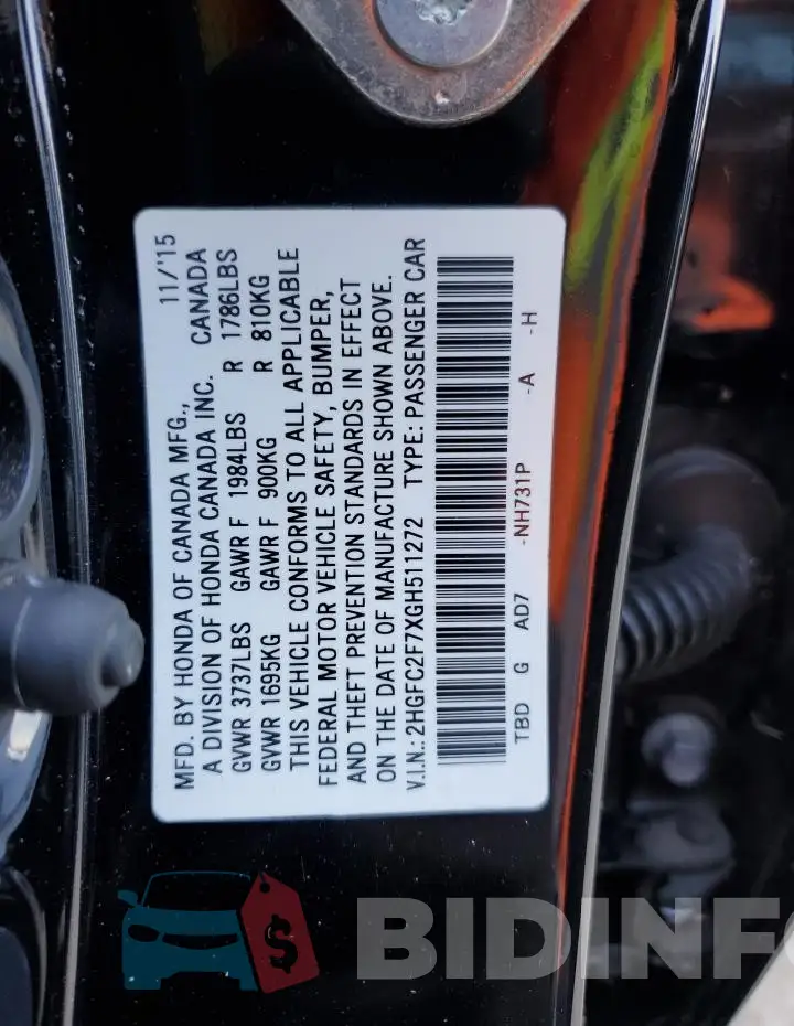 2HGFC2F7XGH511272 Photo# 12