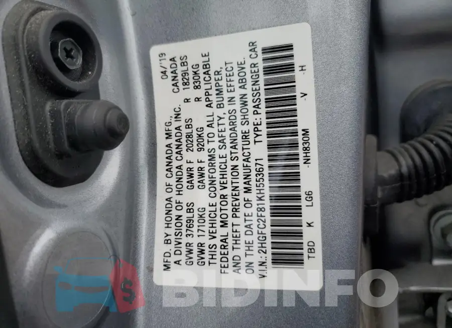 2HGFC2F81KH553671 Photo# 12