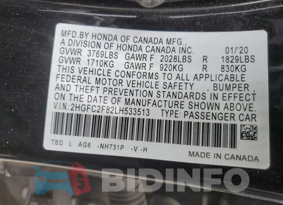 2HGFC2F82LH533513 Photo# 12