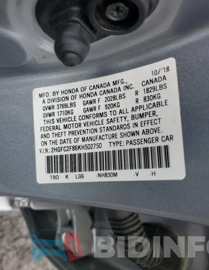 2HGFC2F86KH502750 Photo# 12