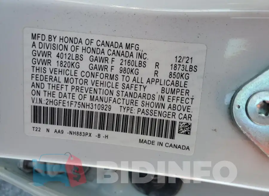 2HGFE1F75NH310929 Photo# 12