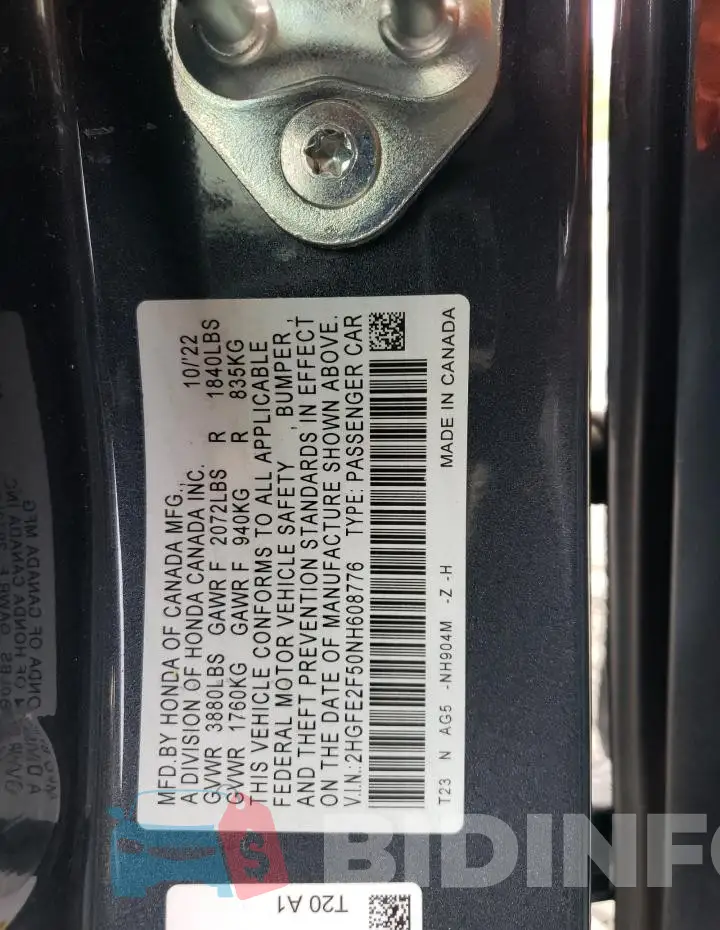 2HGFE2F50NH608776 Photo# 12