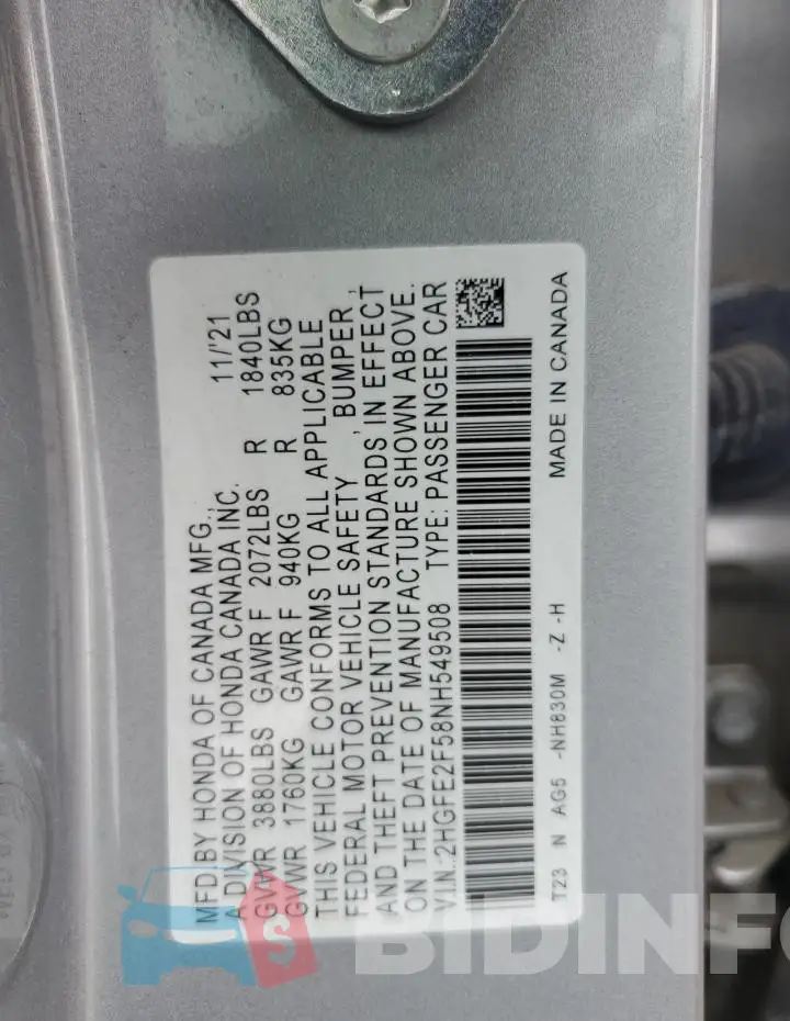 2HGFE2F58NH549508 Photo# 12