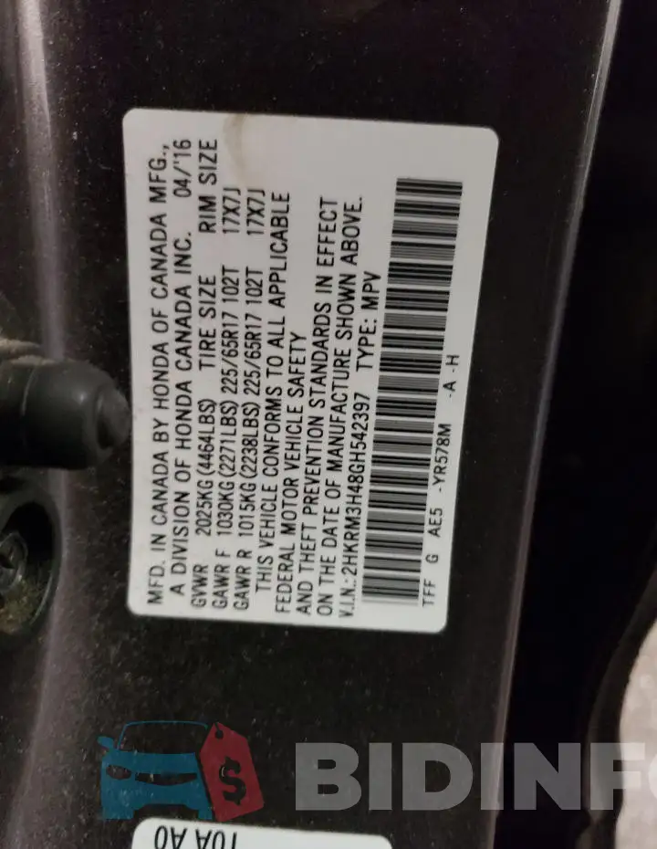 2HKRM3H48GH542397 Photo# 13