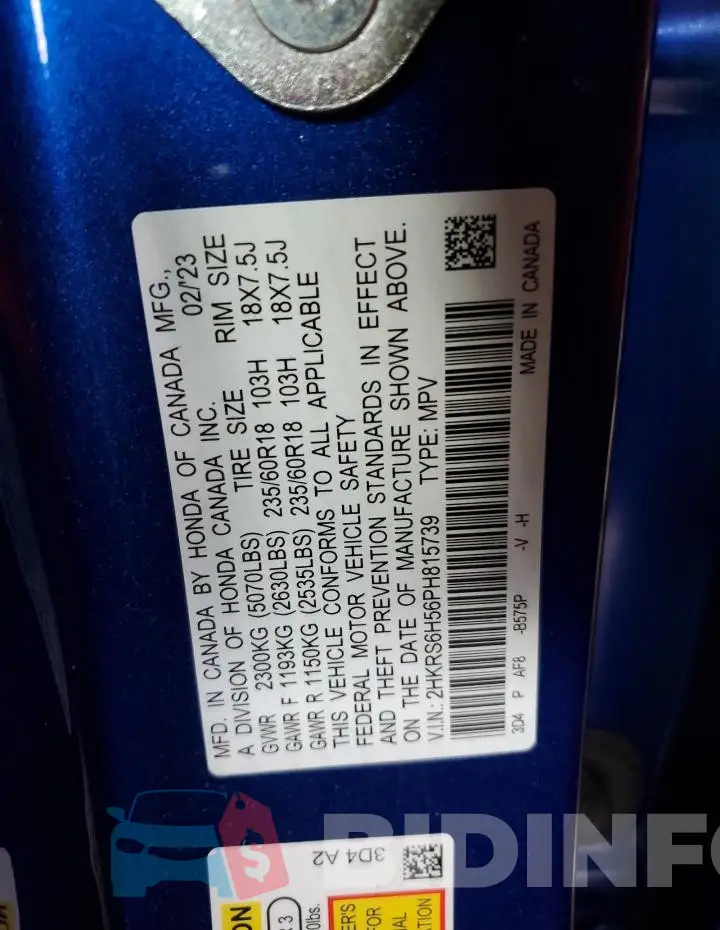 2HKRS6H56PH815739 Photo# 13