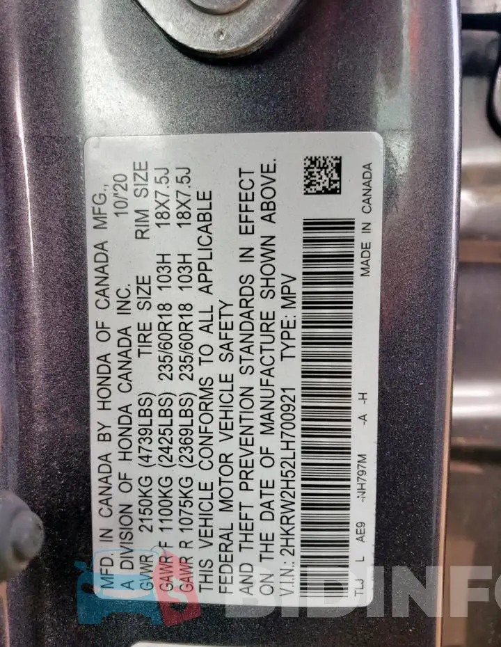 2HKRW2H52LH700921 Photo# 13