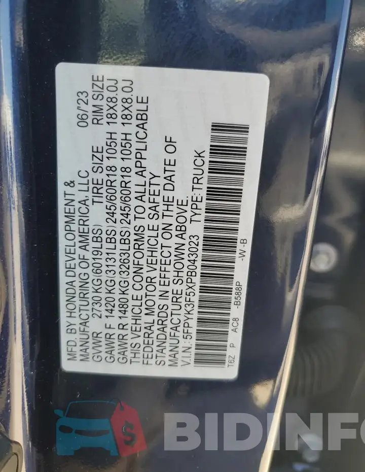 5FPYK3F5XPB043023 Photo# 12