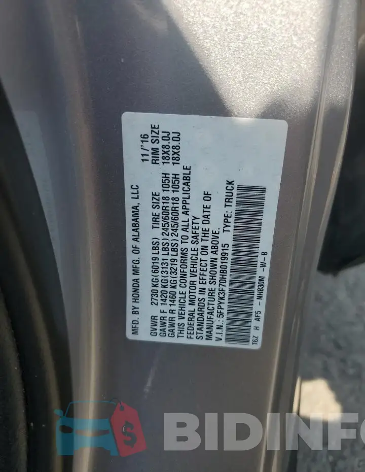 5FPYK3F70HB019915 Photo# 13