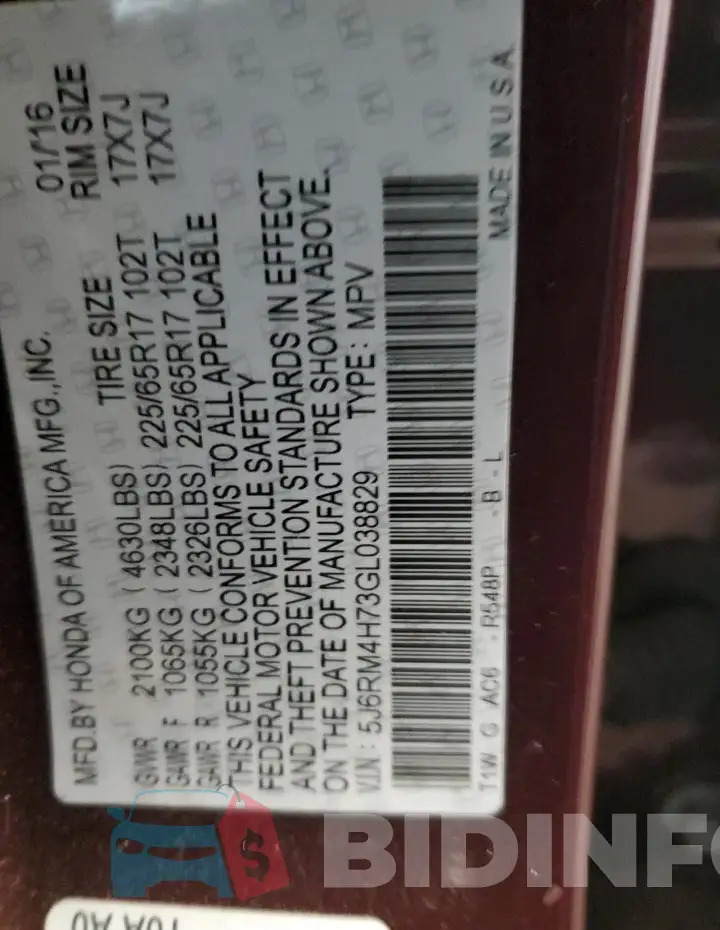 5J6RM4H73GL038829 Photo# 14