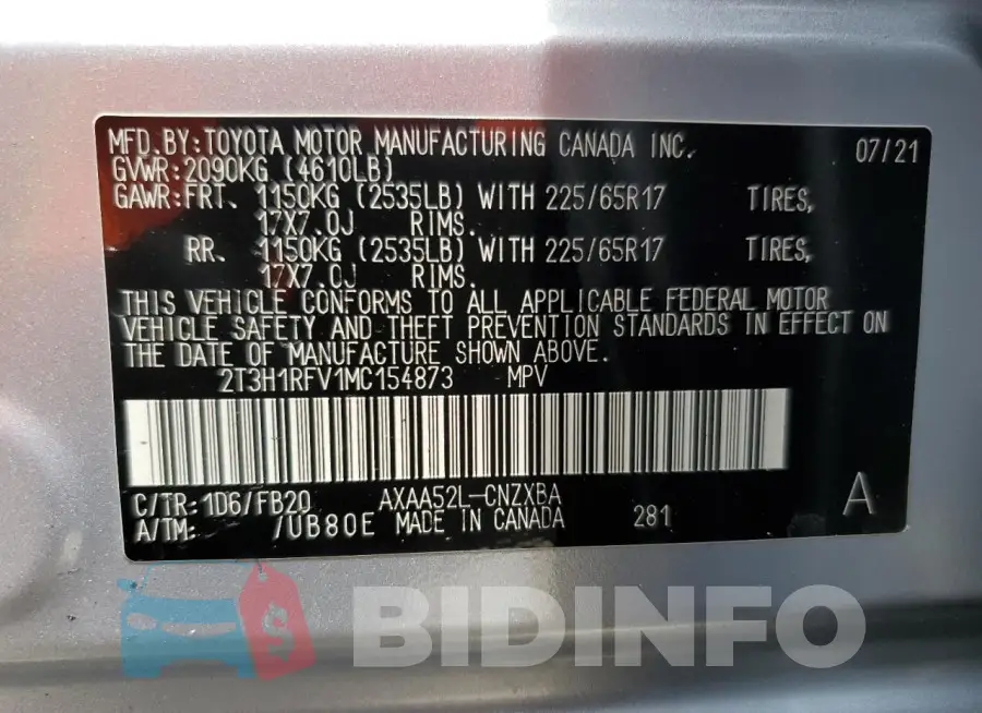 2T3H1RFV1MC154873 Photo# 13