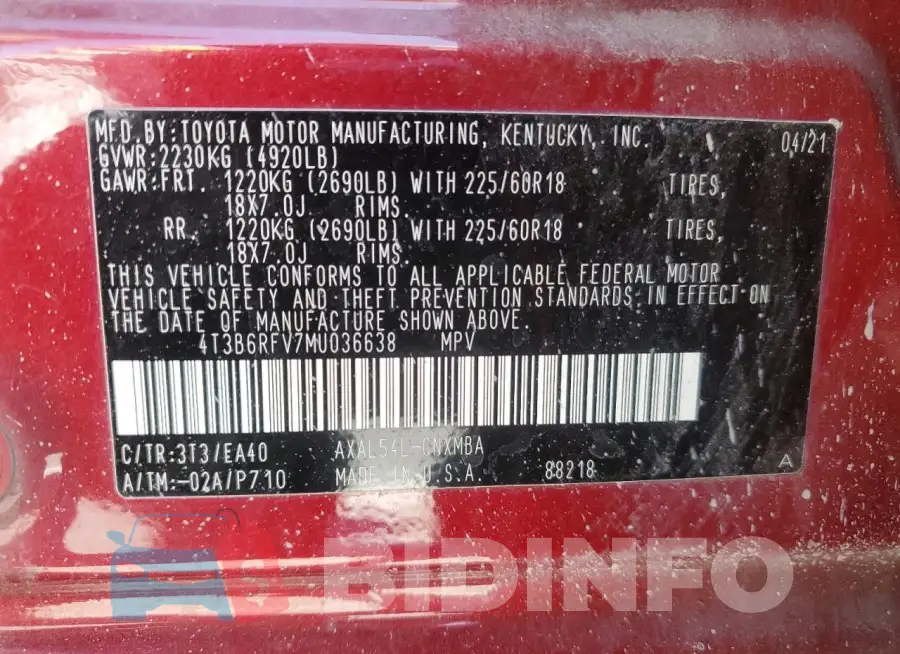 4T3B6RFV7MU036638 Photo# 14